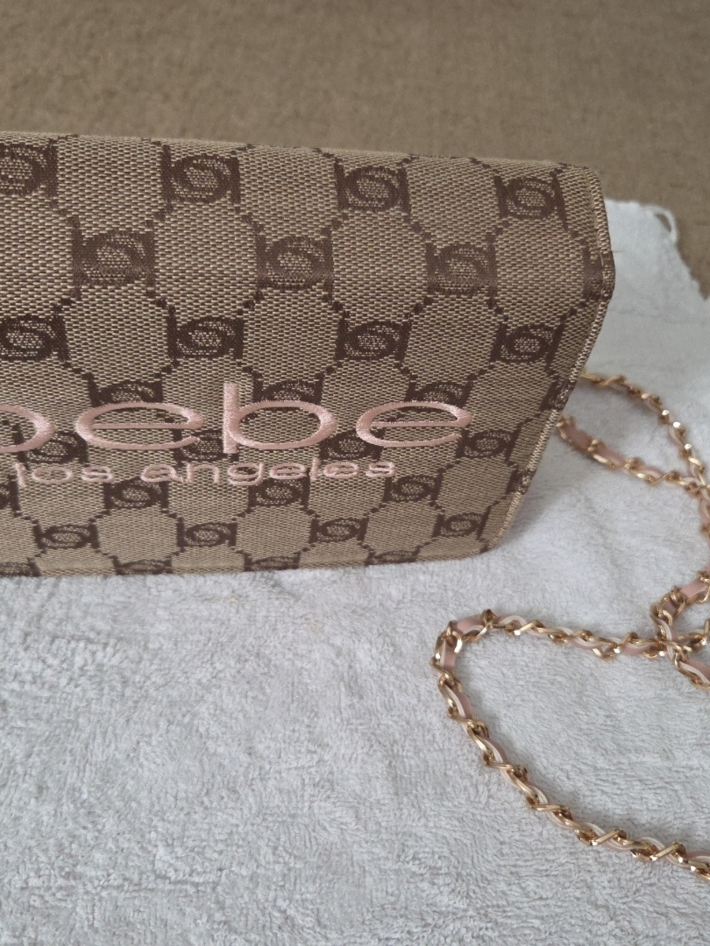 bebe Tan Monogram Crossbody with Rose Gold Chain